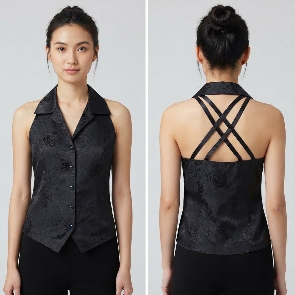 Halter Top Vest Small Black Jacquard Floral Goth Whimsigoth Steampunk Coquette